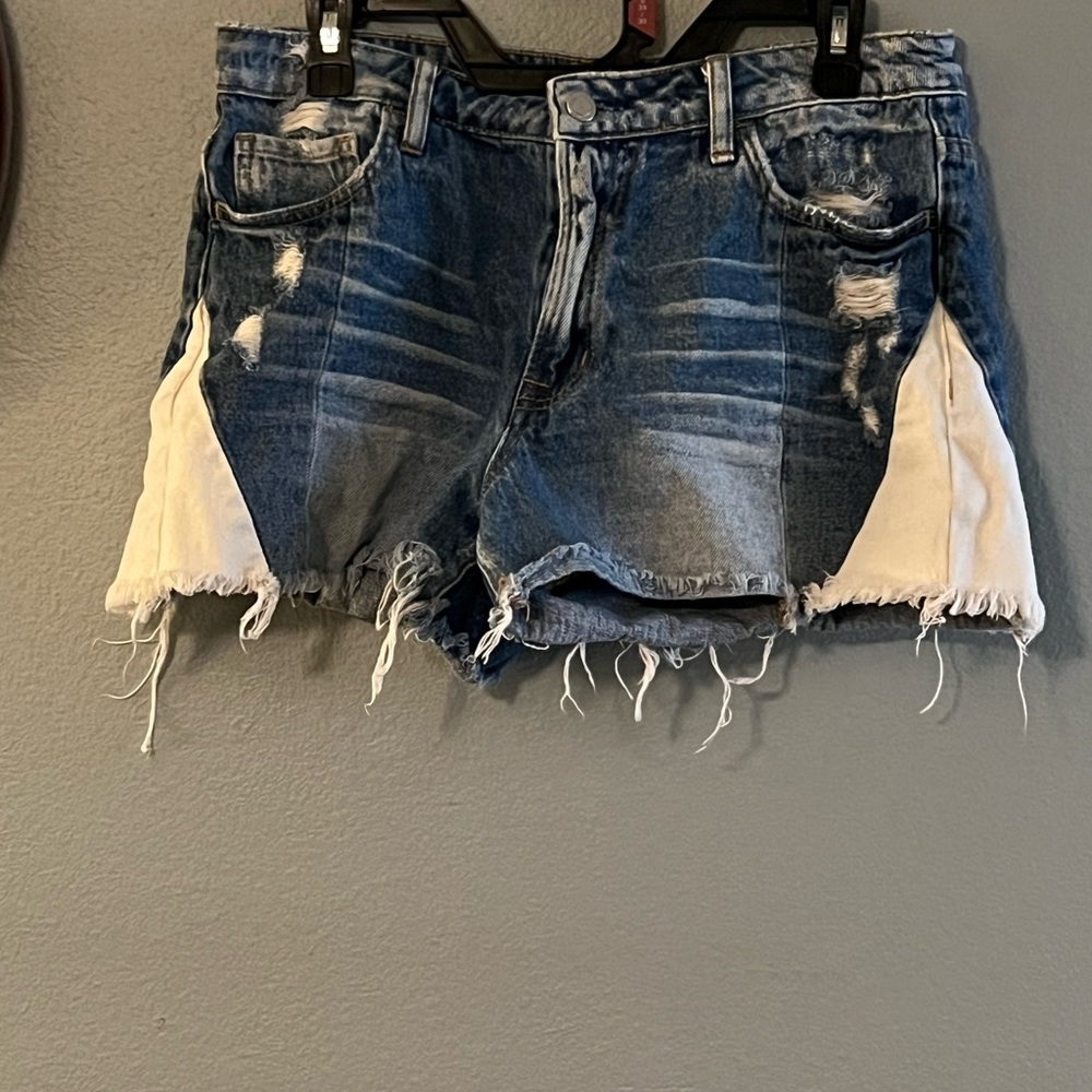 Like New Blue and White Distressed Jean Shorts with Frayed Hem
